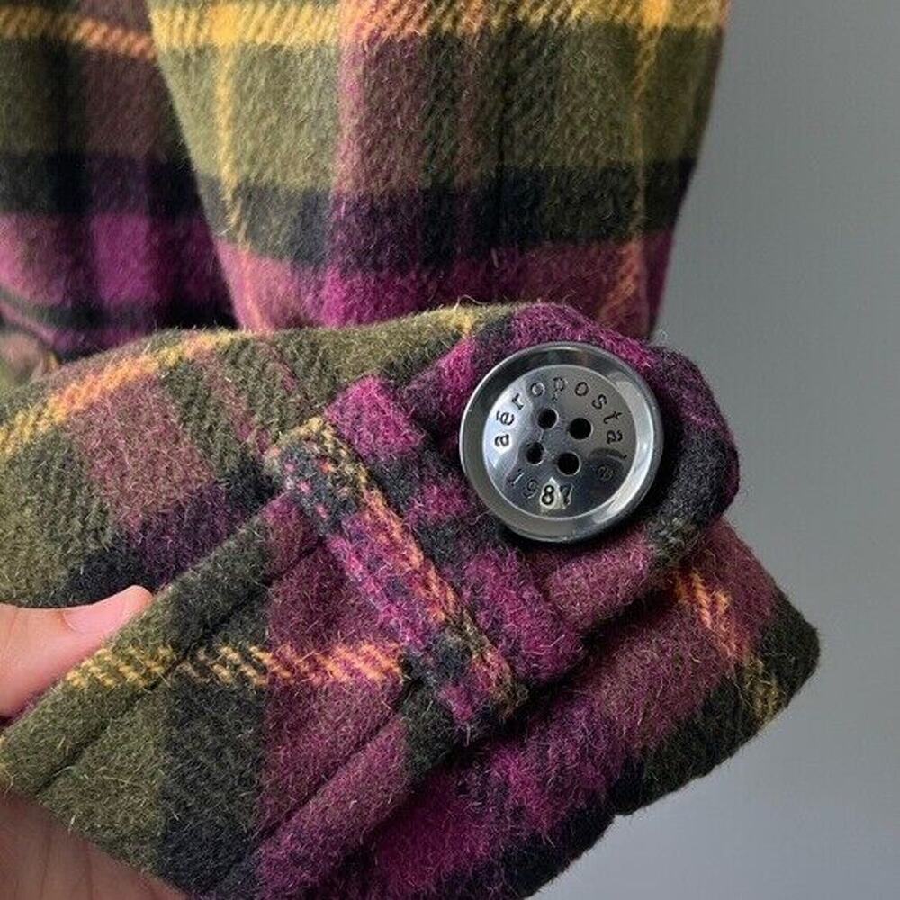 Y2K Aeropostale Wool blend lined plaid double breasted pea coat with pockets - Picture 7 of 12
